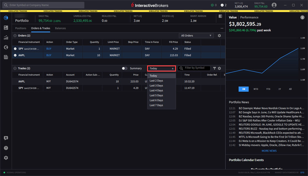 The view previous trades drop down menu. 