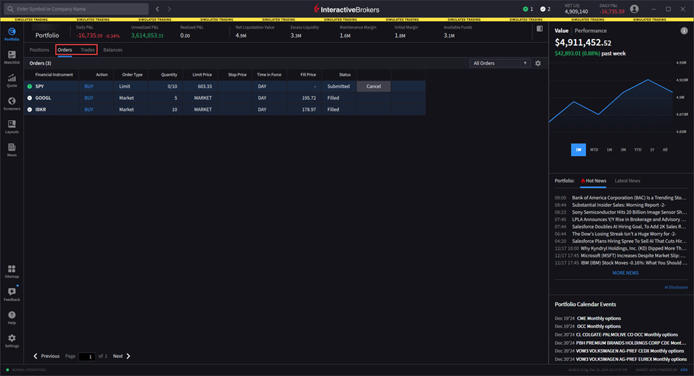 The portfolio orders or trades tab. 