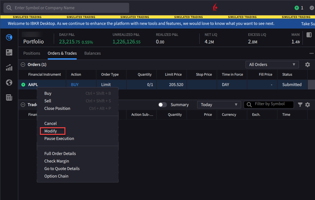 The modify order on IBKR Desktop
