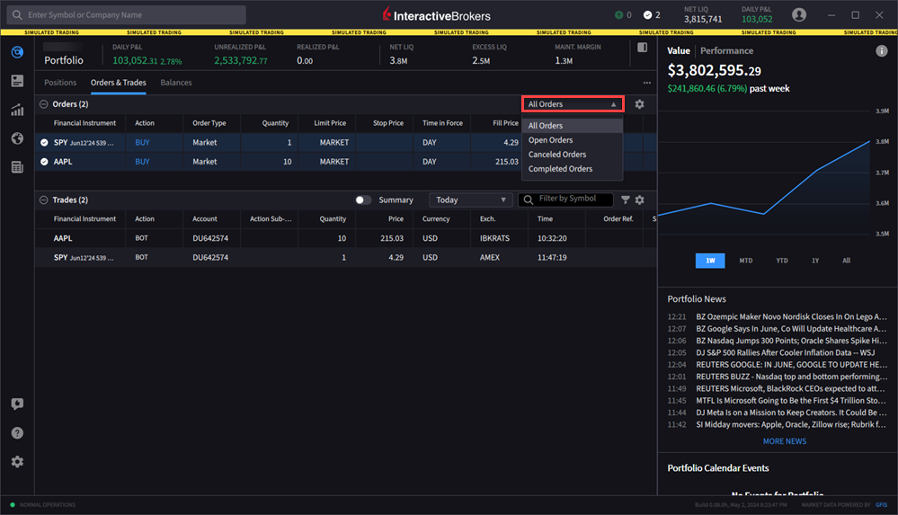 The orders & trades drop down menu. 