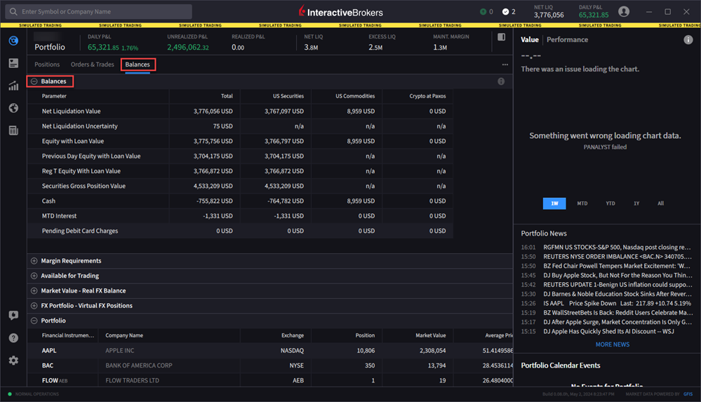 The portfolio balances tab. 
