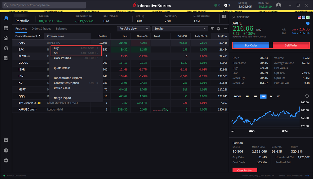 Right click on a position options