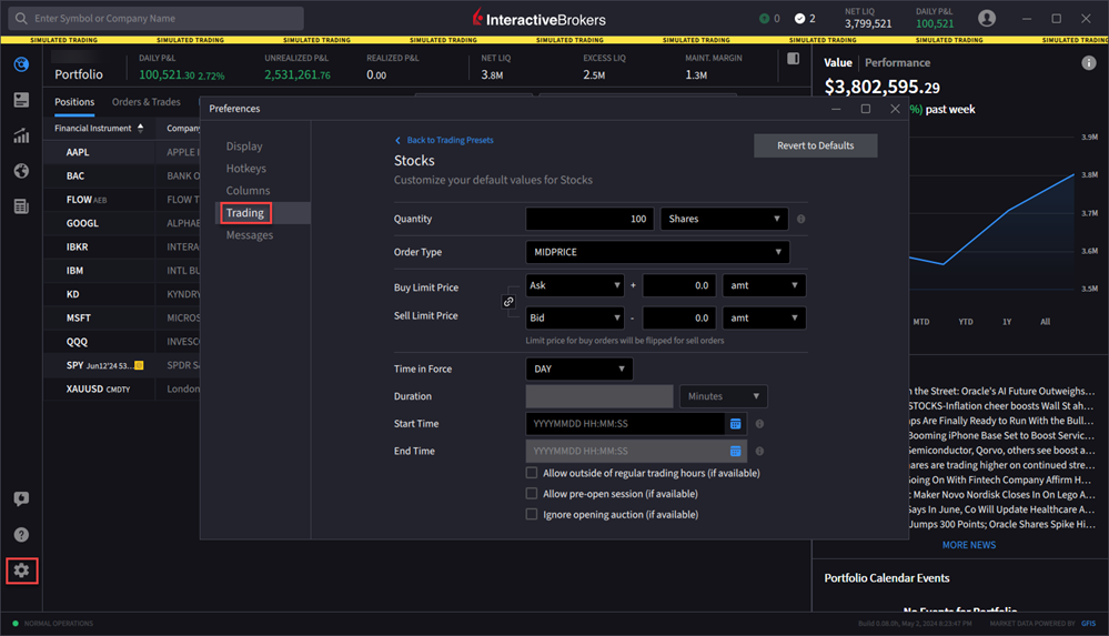The preset trading actions panel. 