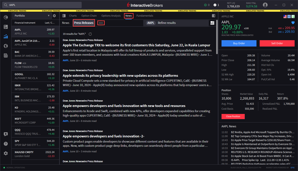 The news press releases tab