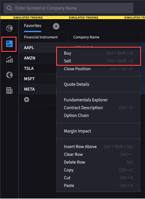 The watchlist menu right click options