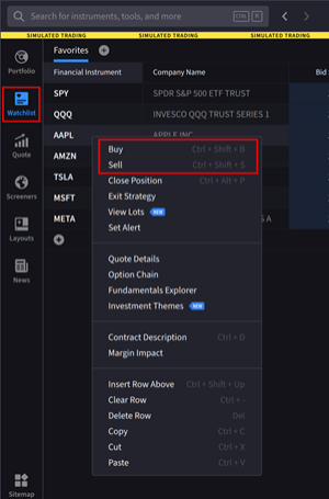 Watchlist Menu - Right Click  The watchlist menu right click options