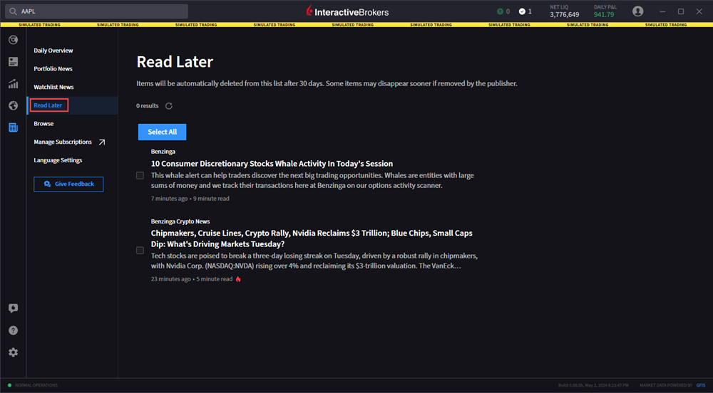 The read later news page. 