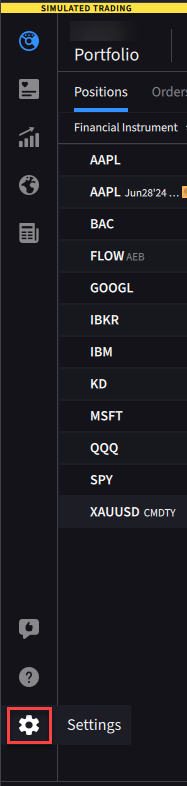 The settings menu