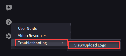 The trouble shooting view/upload logs menu. 