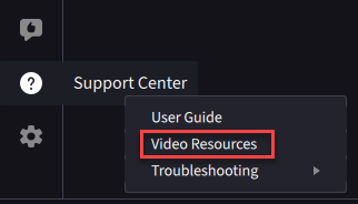 The support center video resources menu