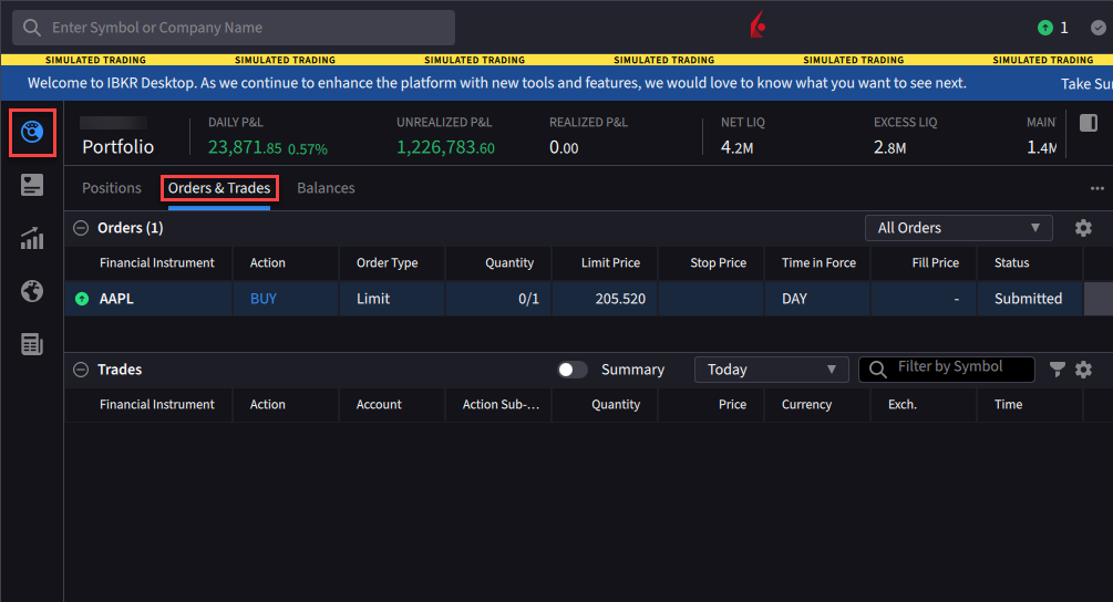 The orders & trades tab. 