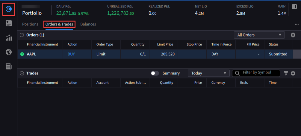 The orders & trades tab. 