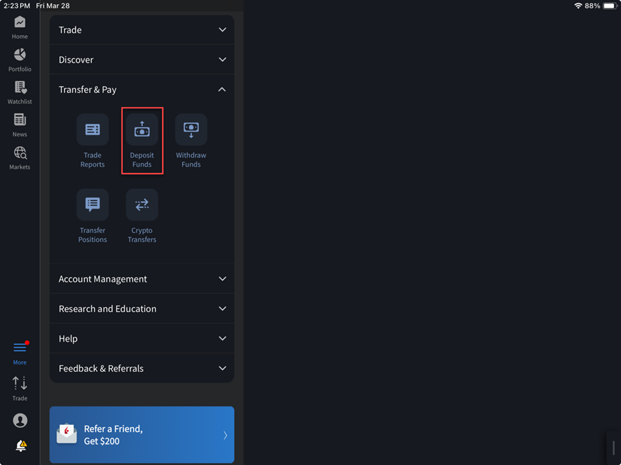 The more menu deppsit funds button on the iPad