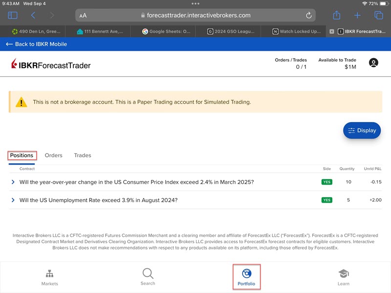 The IBKR ForecastTrader positions on the iPad