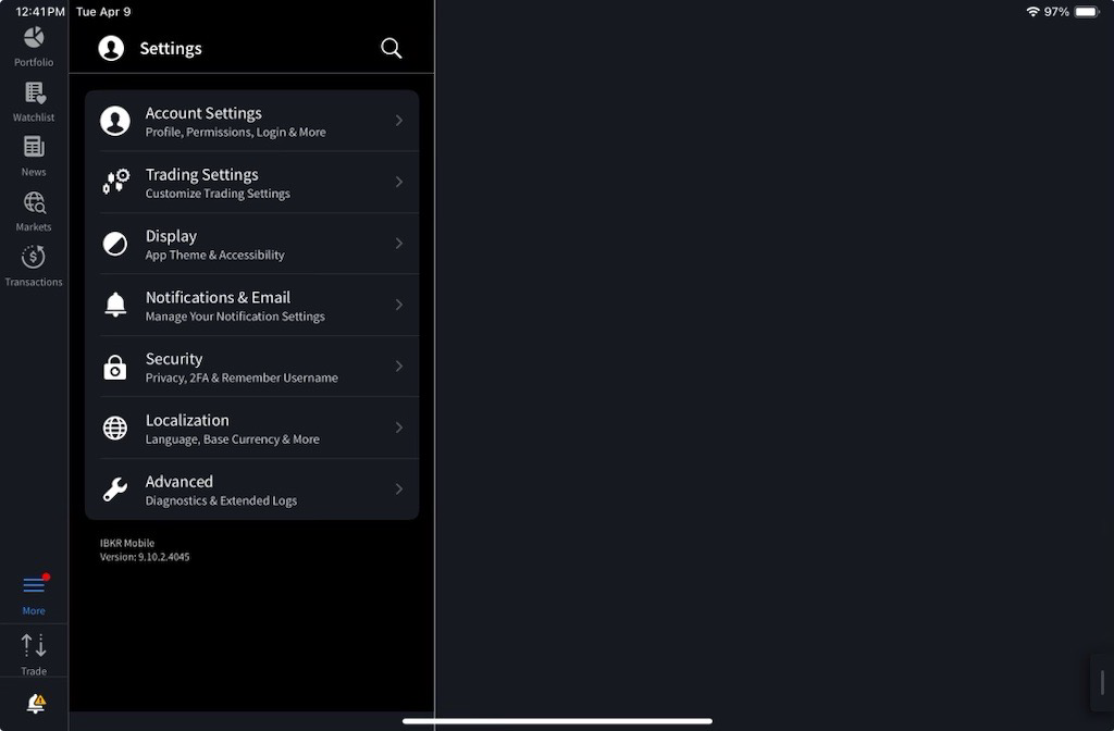 The settings menu for the iPad