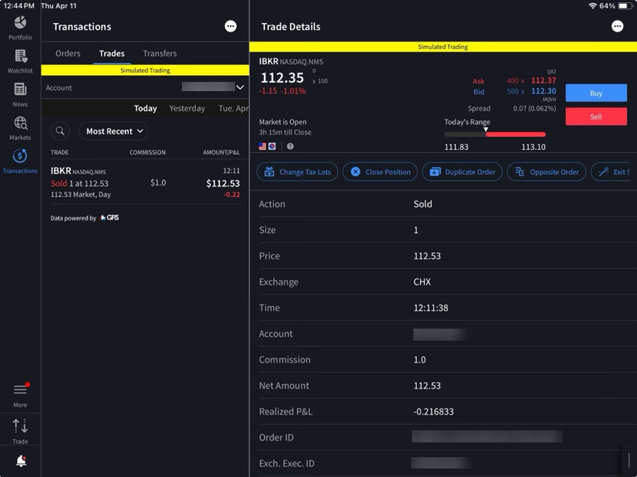 The view trades by account on the iPad