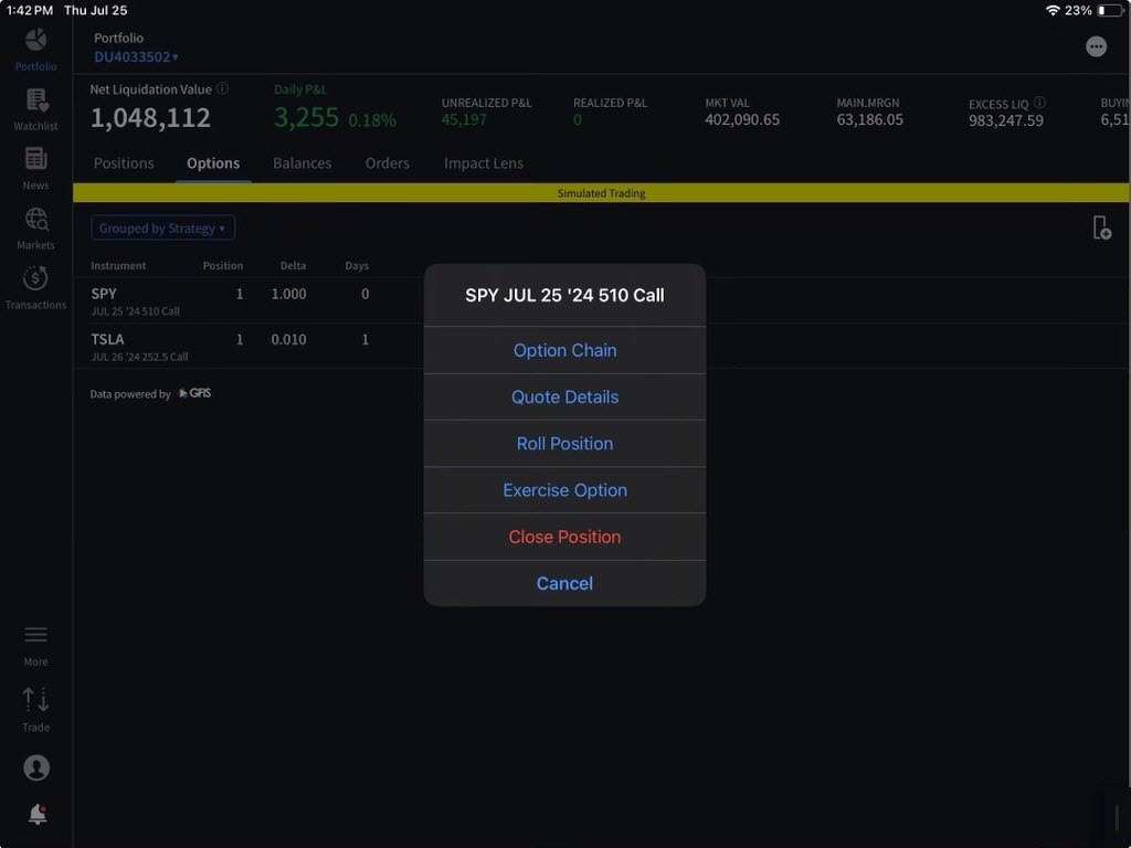 selecting option actions on the iPad