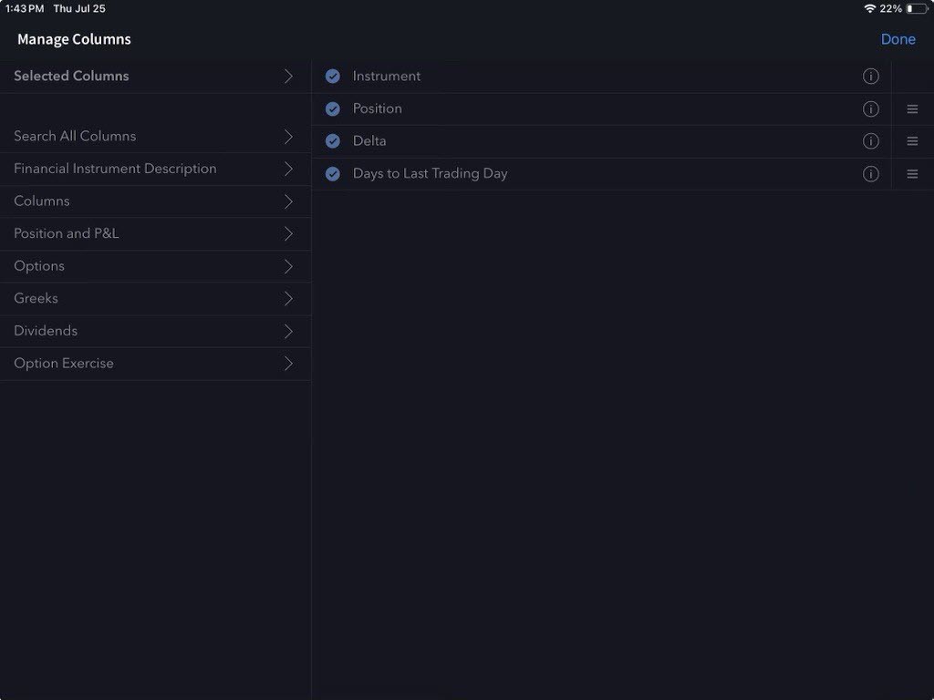 The manage columns on the iPad