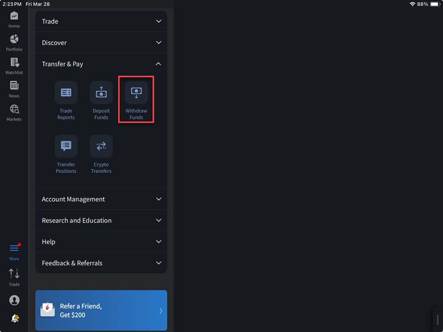 The withdraw button on the iPad