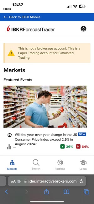 The IBKR ForecastTrader web page on the iPhone. 