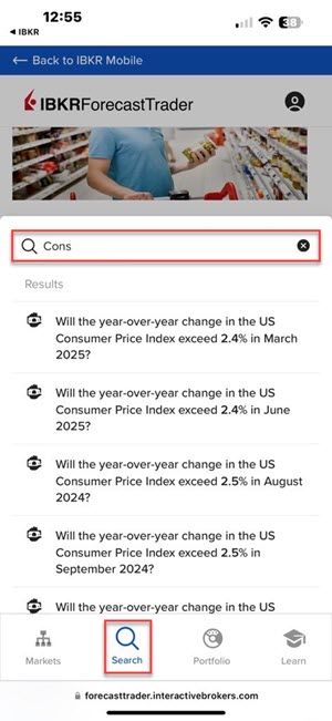 The IBKR ForecastTrader search on the iPhone. 