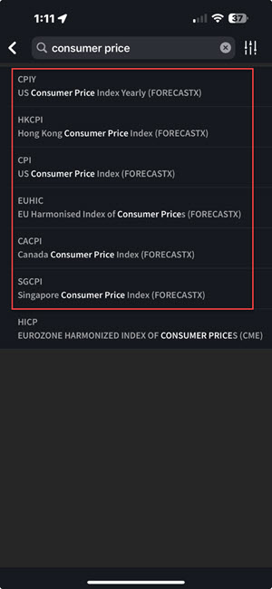 The IBKR ForecastTrader search results on the iPhone. 