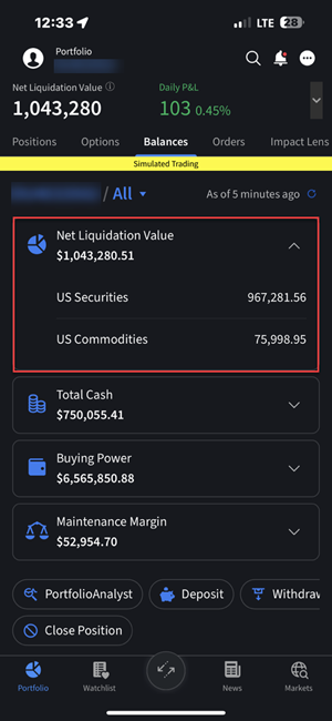The Net Liquidation Value section on the iPhone