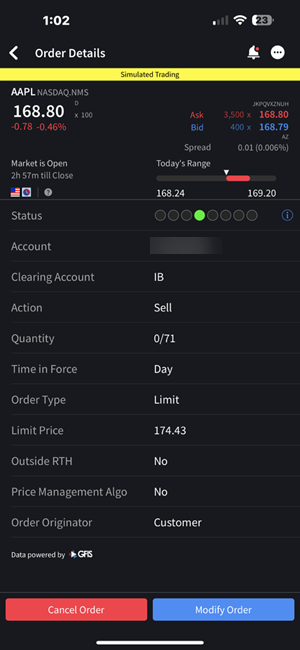 The orders and trades order status panel on the iPhone. 