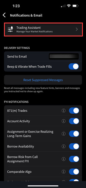 The trading assistant button on the iPhone
