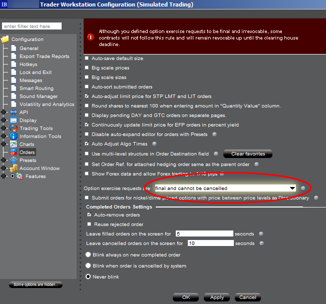 The TWS configuration options exercise requests menu. 