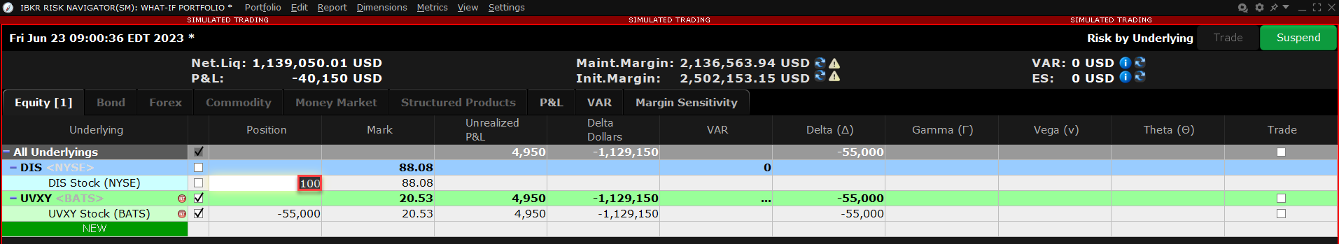 The Risk Navigator Dashboard what-if position quanity menu