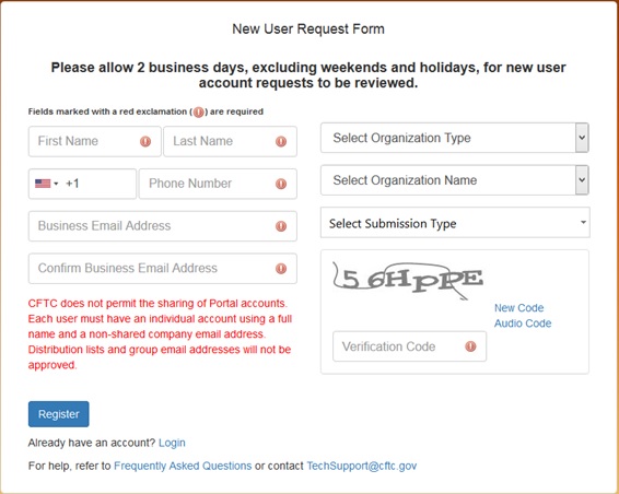 Sample Register for a CFTC Portal Account