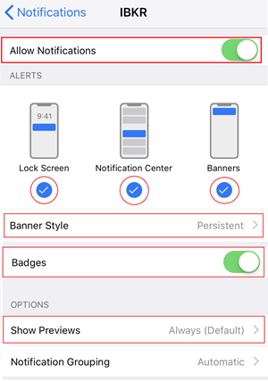 The iPhone app settings allow notifications menu