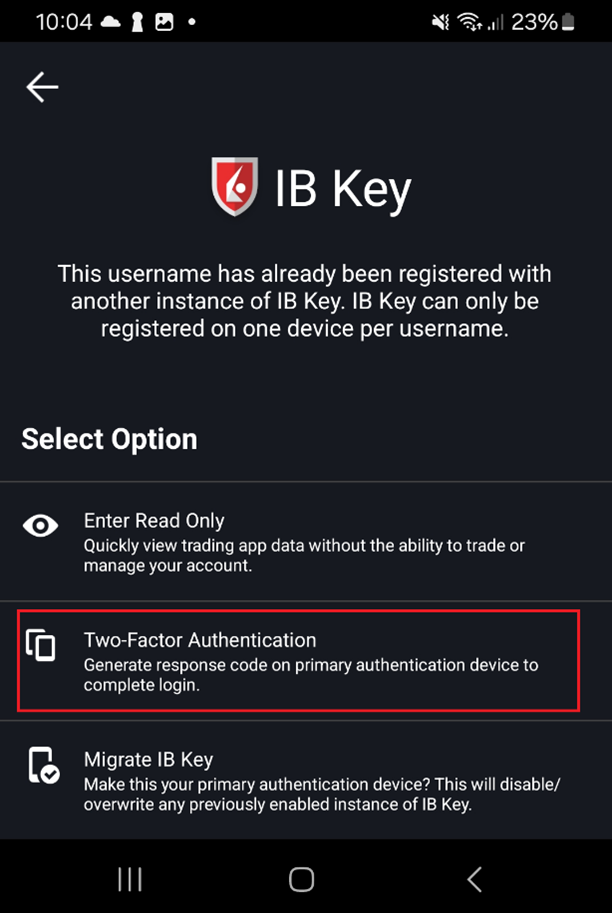 The android ibkr mobile two-factor authentication panel. 