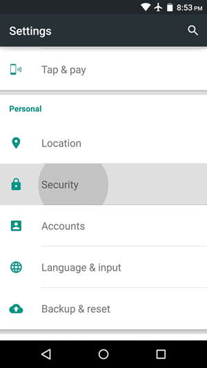 The android settings security page. 