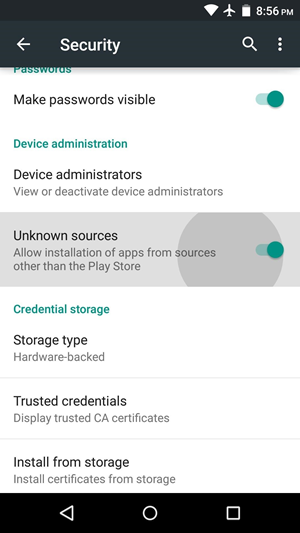 The android security unknown sources button. 