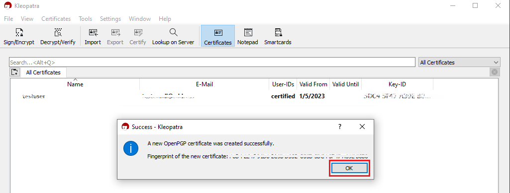 The confirm key pair popup window. 