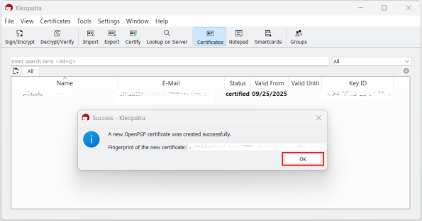 The new OpenPGP certificate pop up window.