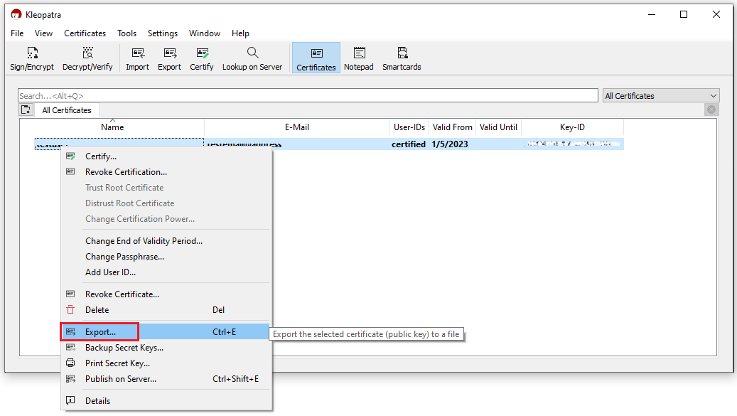 The pgp certificates export 