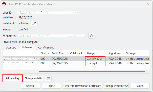 Ceritfy, Sign, Encrypt and add subkey popup