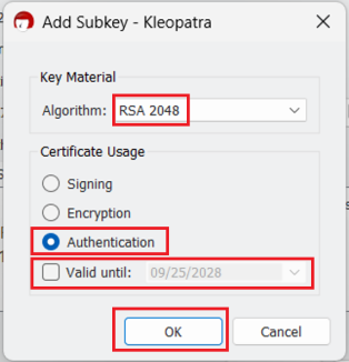 RSA 2048 option pop up