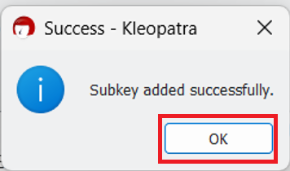 The PGP subkey added successfully window.