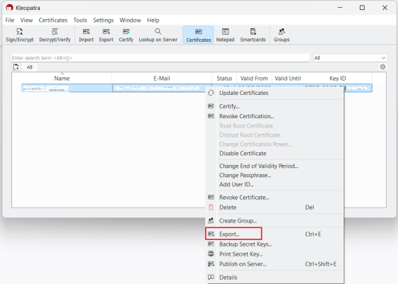 The Export certificate pop up.