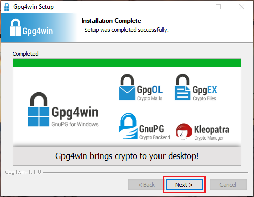 The gpg4win installation complete