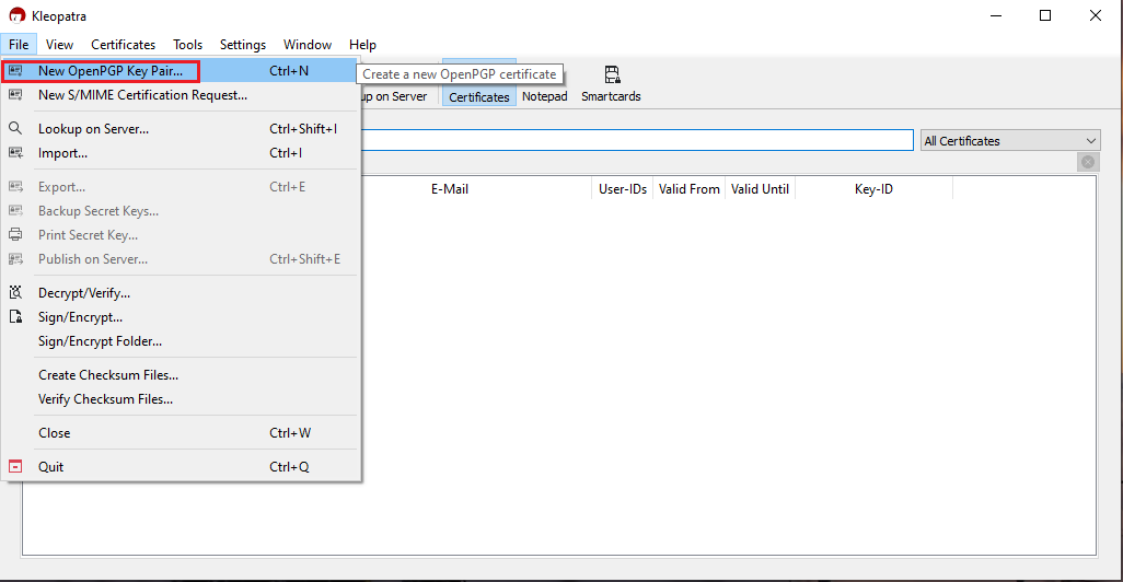 The new open PGP key pair menu