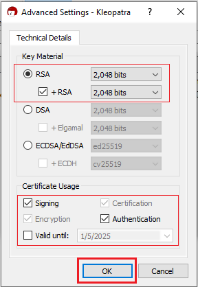 The pgp enter key parameters panel. 