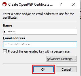 The create openpgp certificate window. 