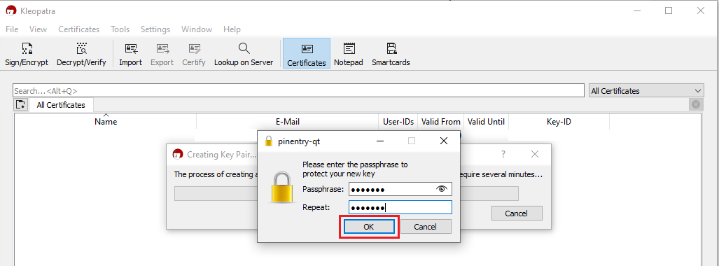 The PGP enter passphrase window. 