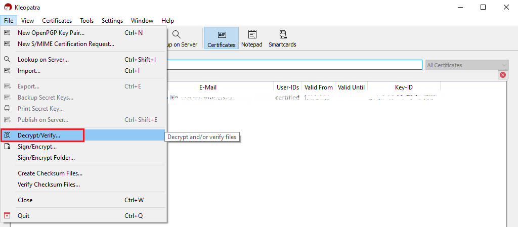 The PGP decrypt/verify menu