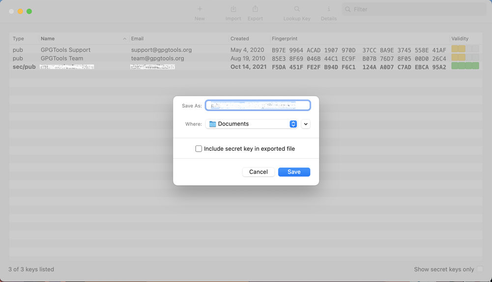 The gpg choose a location to save on a mac. 
